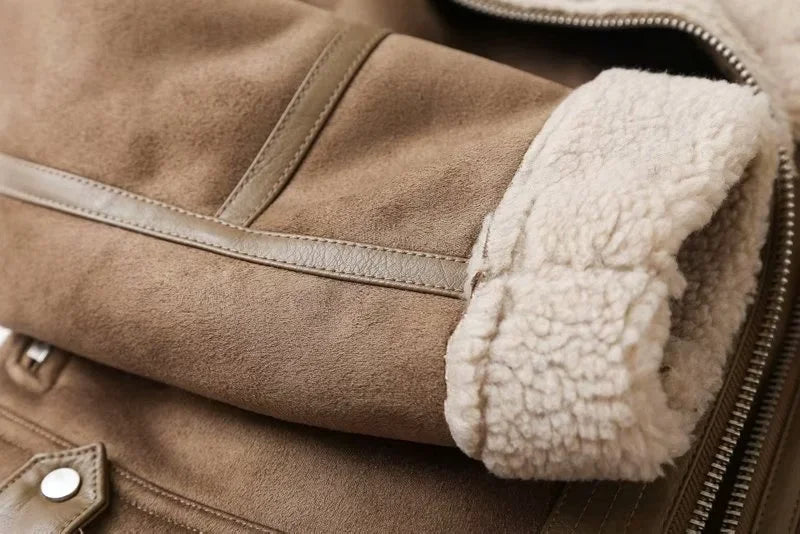 Winter Faux Shearling Sheepskin Fake Leather Jackets Lady Thick Warm Suede Lambs Motorcycle Brown Coats Mujer Chaqueta A407