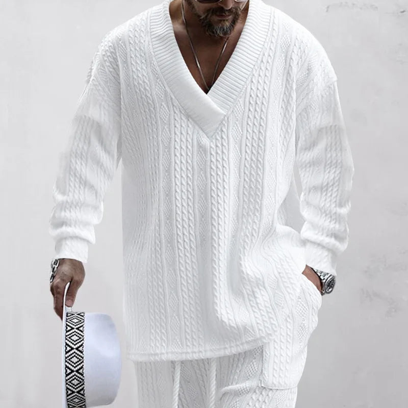 2025 Cross-border New Men's Casual Trousers V-Neck Versatile Jacquard Knitted Sweater Set