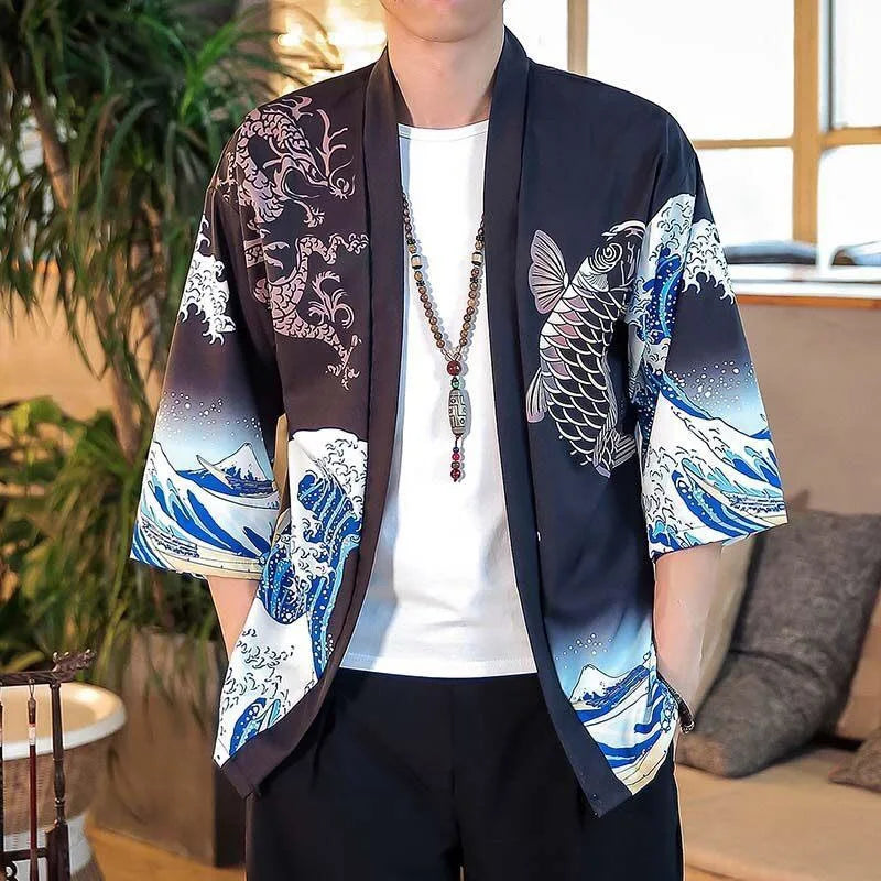 Large Size 5XL 6XL Japanese Kimono Cardigan Pants Set Print Fox Men Women Shirt Tradition Yukata Haori Obi Cosplay Costume