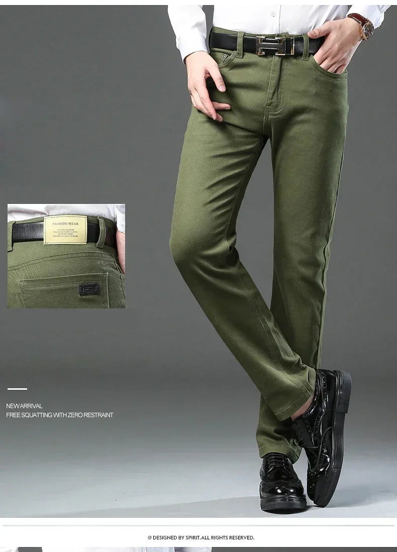 Autumn 96% Cotton Men's Stretch Slim Jeans Army Green Soft Comfortable Casual Straight Denim Pants Trousers Large Size 42