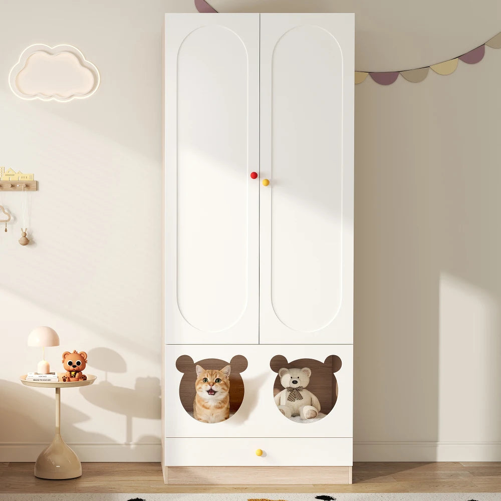 80x50x200cm Kids Wardrobe with Hanging Rod Integrated Cat Bed Design Lacquered Board and Particle Board with Colorful Ceramic Handles White and Natural Wood Color Multifunctional Storage Cabinet Suitable for Bedroom Home Furn
