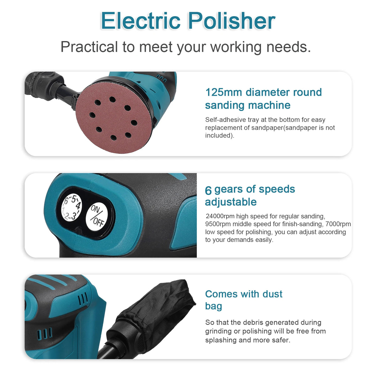 125mm Brushless Motor Cordless Orbital Sander Wood Grind Tool Electric Car Polisher Multifunctional Wood Metal Waxing Polishing