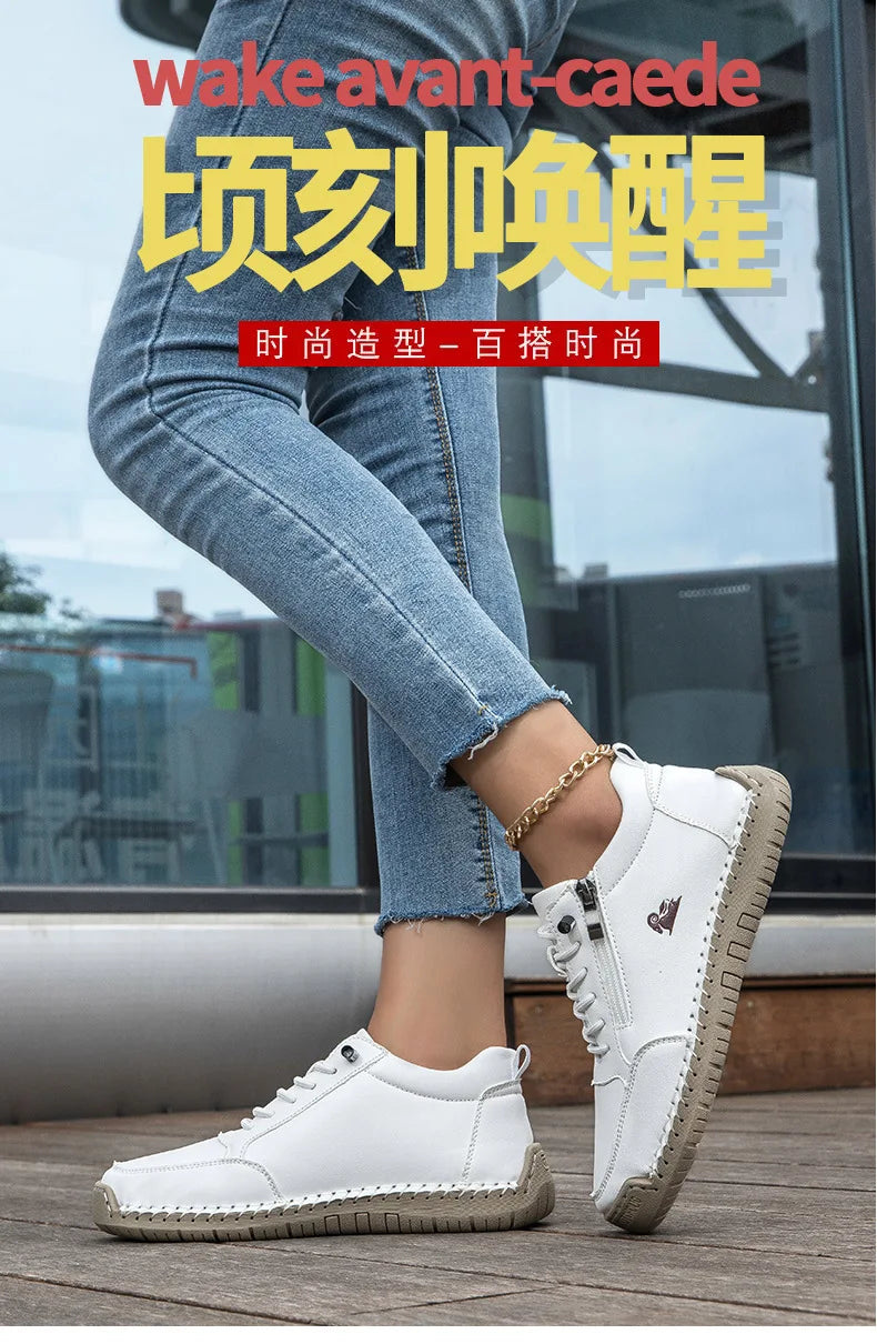 Women Sports Shoes 2026 New Outdoor Hiking Flat Bottomed Comfortable Casual Driving Shoes Soft Sole Zipper Fashion Leather Shoes