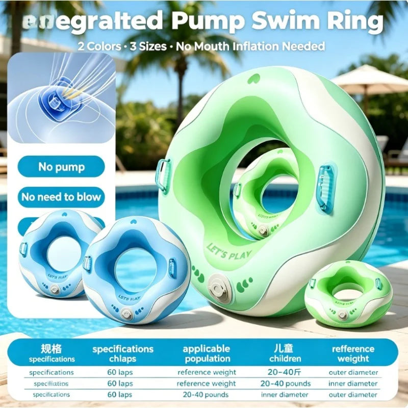 No Mouth Blowing Swimming Tube with Integrated Pump - Press to Inflate in Seconds! 2 Colors (Blue/Green) for Pool, Beach & Lake