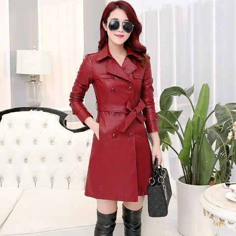 Top Compound lambskin leather jacket lady Free wash PU women clothing trench Long faux fur coat streetwear casaca para mujer