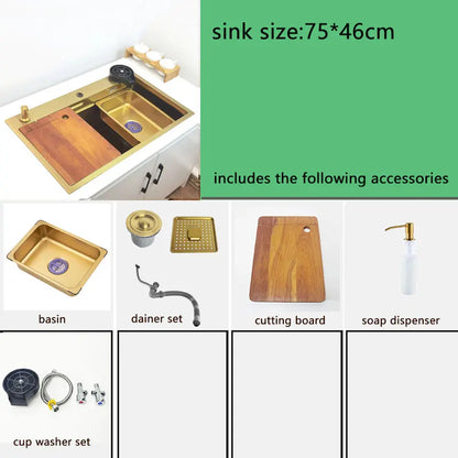 Gold Waterfall Faucet Kitchen Sink Nano Sink 304 Stainless Steel Golden Topmount Single Bowl Wash Basin 4 Function Kitchen Faucet