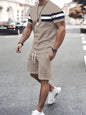 Summer Men's Stripe Print Short Sleeve Tee Elastic waist Shorts 2 Pieces Set Plus Size Loose O-Neck T-shirt Pockets Shorts Set