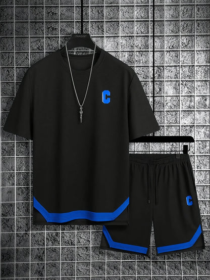 New European & American Style Men's Summer Loose-Fit Set Men's Crew Neck Short-Sleeve Top & Athletic Casual Shorts Two-Piece Set