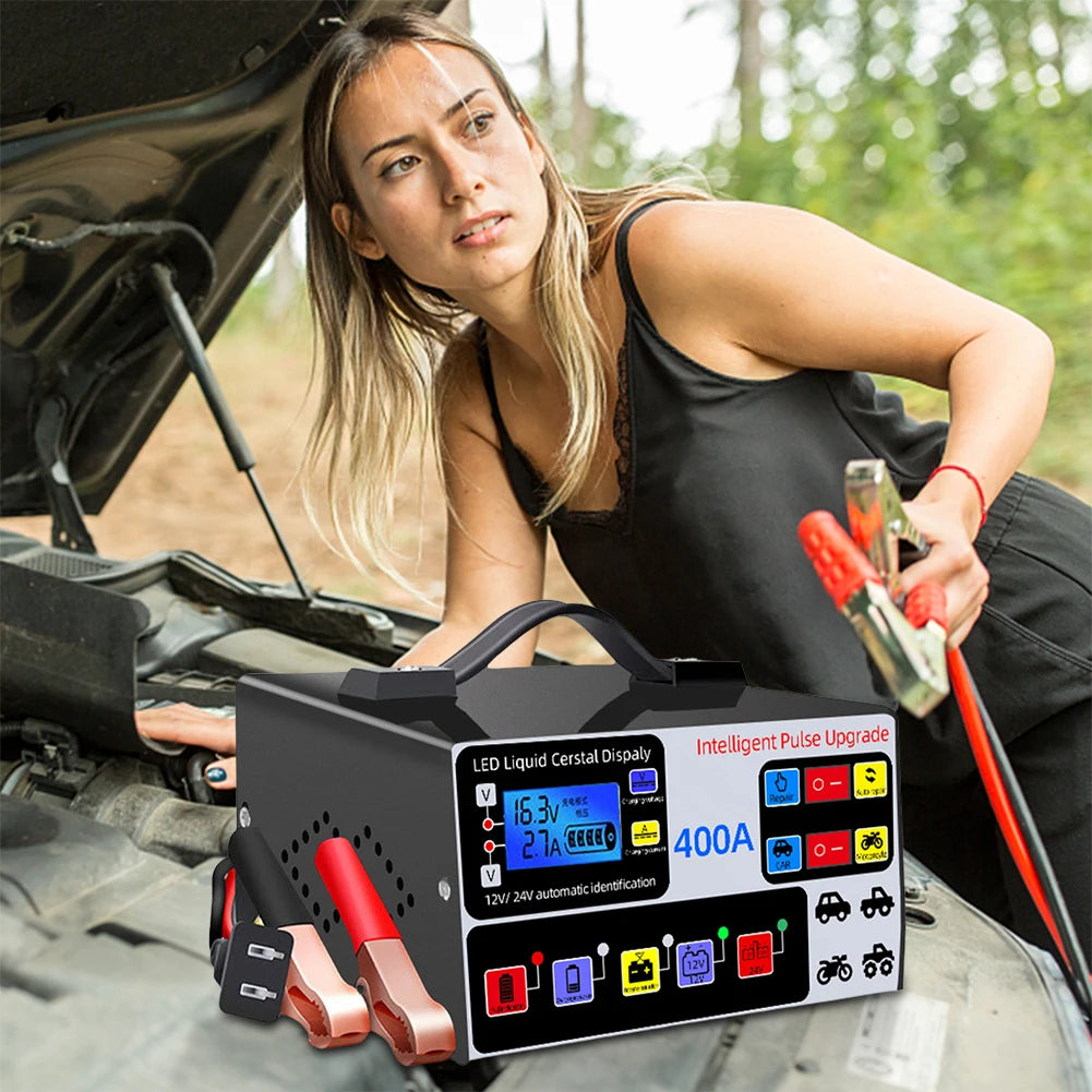 400A Intelligent Pulse Repair Charger Battery High Power Fast Charger 12V/24V Five-Stage Full Automatic Car Battery Charger 220W