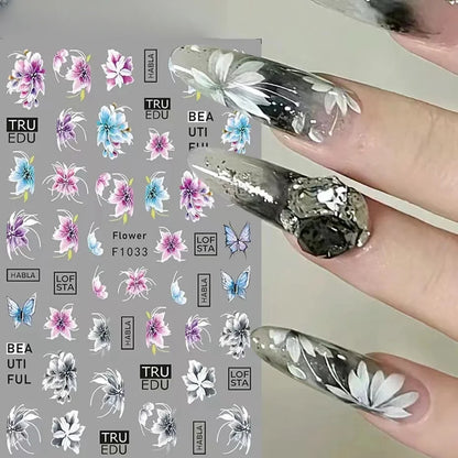 Black and White Love Flowers Line Art 3D Stickers Nail Decals Nail Art Accessories Butterfly Rose Nail Stickers Nail Sliders