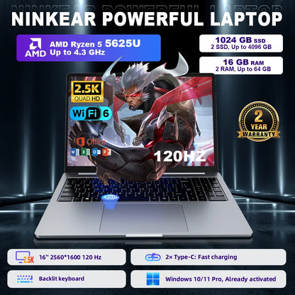 Ninkear A15 Pro Laptop 16GB 1TB AMD Ryzen 5 16 inch 120Hz 2560*1600 Display Screen Fingerprint Unlock Notebook Computer
