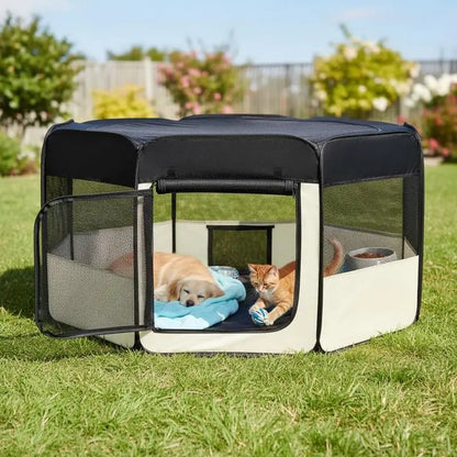 Foldable Enclosed Playpen for Dog Cat Small Animals Octagonal in Oxford Fabric and Steel - Ø 120 X 58H cm - Black and Cream