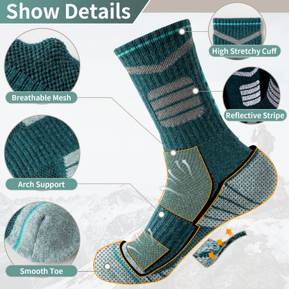 5 Pairs Merino Wool Hiking Reflective Socks Outdoor Night Men&Women Trail Running Cycling Trekking Moisture Wicking Cushion Crew Socks