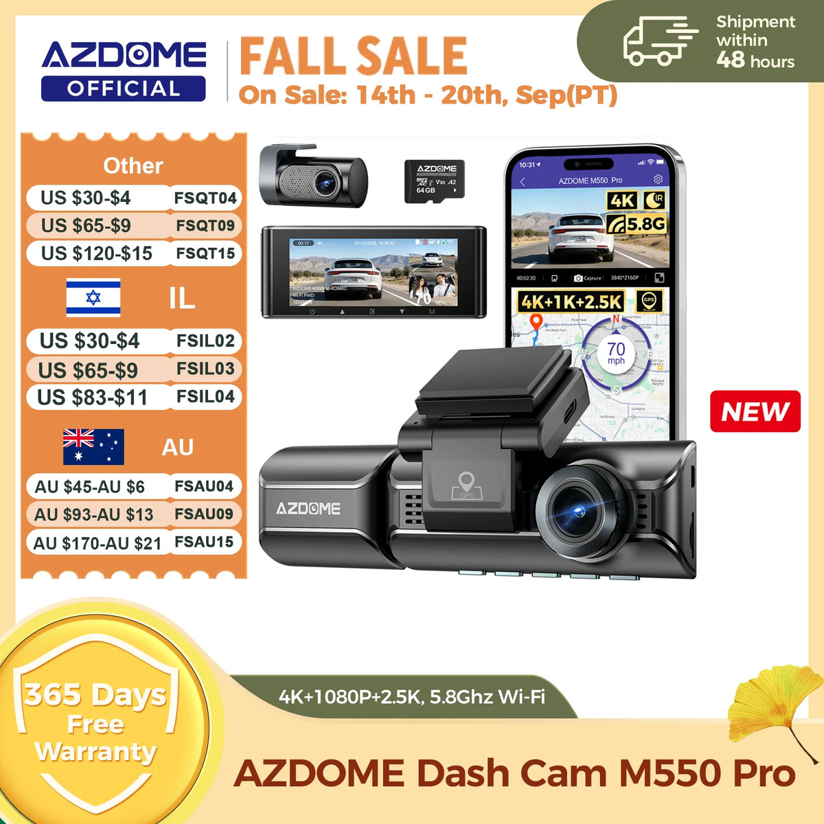 Upgrade AZDOME M550 Pro Dash Cam 4K Front Dashcam Auto 5.8Ghz Wi-Fi GPS G-sensor Car DVR 6 IR Night Vision Parking Monitor