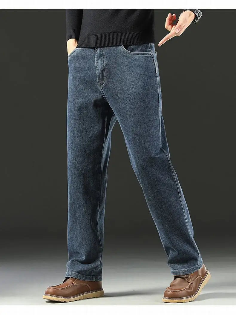 Spring and Autumn Men's Baggy Jeans Casual Straight Stretch Versatile Wide-leg Business Denim Pants Comfortable Loose Trousers