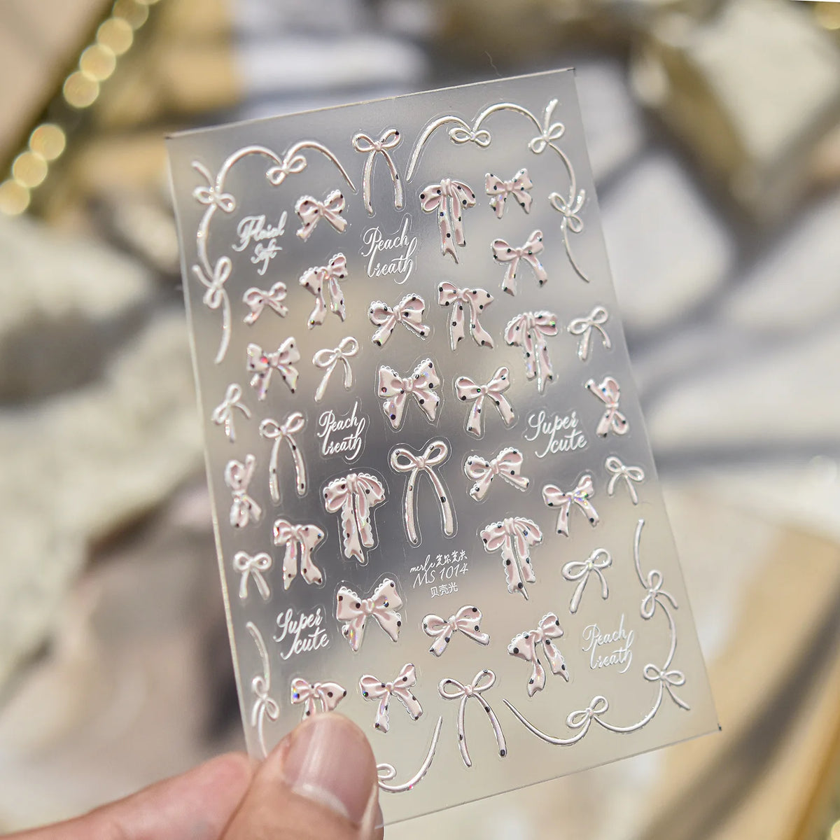 Shell Light Nail Stickers Small Fresh White Bow Ribbon Nail Charms Stickers Self Adhesive Nails 3D Decorations Parts DIY Decals