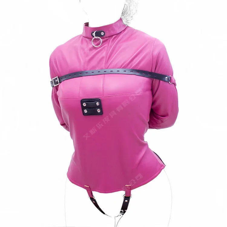 Leather SM Lingerie Straitjacket with Crotch Strap,Games Bondage Straight Jacket Harness,Slave Role Gimp Costumes BDSM Sextoys