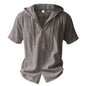 Summer Men's Hooded Cotton Linen Shirt Solid Color Breathable Lightweight Short Sleeve Drawstring Design Tees Male Casual Tops