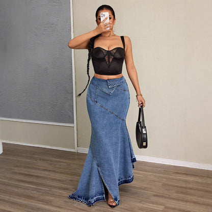 Women's Elegant A Line Mini Long Skirt For Women Wrinkle Free Patchwork Design For Woman Maxi Mermaid High Waist Asymmetrical