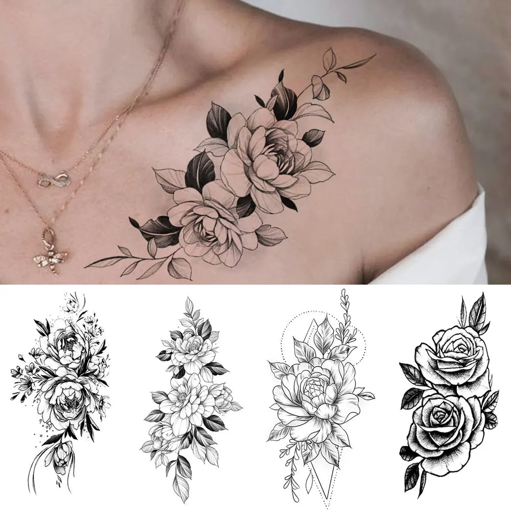 Waterproof Temporary Tattoo Sticker Flowers Roses Lilies Peonies Geometric Patterns Body Art Arm Fake Tattoos Sleeve Women Men
