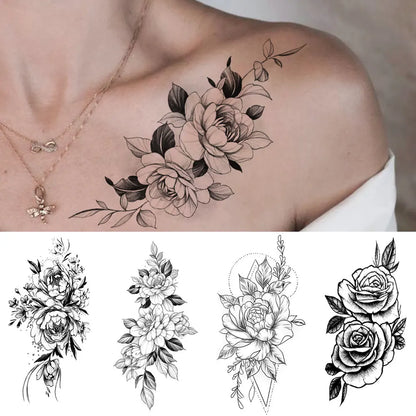 Waterproof Temporary Tattoo Sticker Flowers Roses Lilies Peonies Geometric Patterns Body Art Arm Fake Tattoos Sleeve Women Men