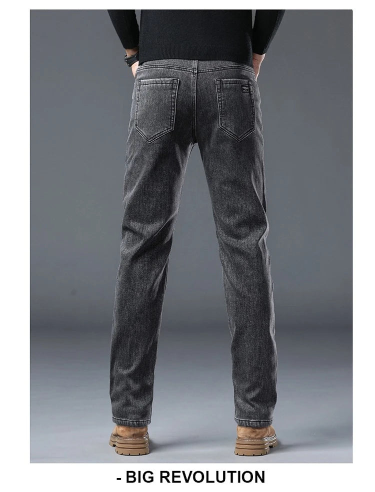 Men's Winter Stretch Fleece Jeans Thickened Warm Loose Straight Velvet Denim Trousers Classic Business Casual Black Work Pants