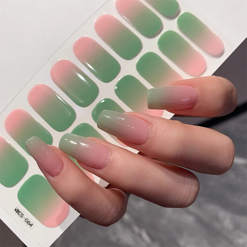 14/16Tips Full Cover Gradient Nail Stickers Multi Color Self Adhesive Slider No Need UV Lamp Cured Press ON Nail Decal
