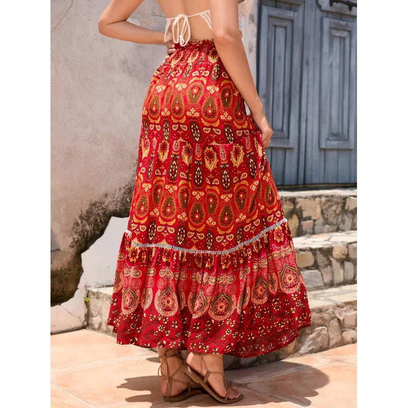 Women's Casual Temperament Skirt Women's Fashionable Bohemian Printed Elastic Waist Temperament Skirt Big Sway Temperament Skirt