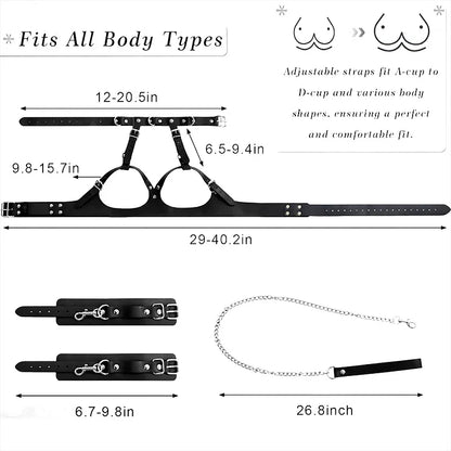 Adjustable Handcuffs and Leg Cuffs PU Collar and Bra Couple Toys BDSM Training Bondage Sex Toys SM Slave Props for Men and Women