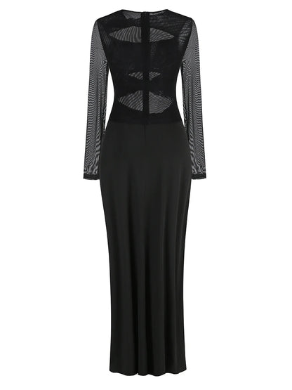 Sexy Hollow Out High Side Split See Through Mesh Long Sleeve Maxi Dress Luxury Brithday Prom Gown Party Club Fashion Dresses