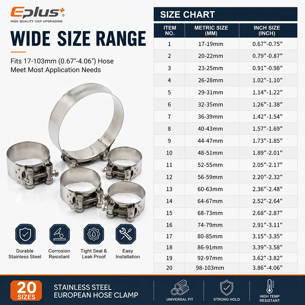 5PCS Stainless Steel European Heavy Duty Hose Clamp Universal T-Bolt Clamp 17-103mm Adjustable for Car Moto & Industrial Pipes