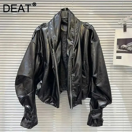 DEAT 2026 Summer New Item Fashion Double Zipper PU Leather Quilted Jacket For Women High Street Black Loose Coat Female 11A01245
