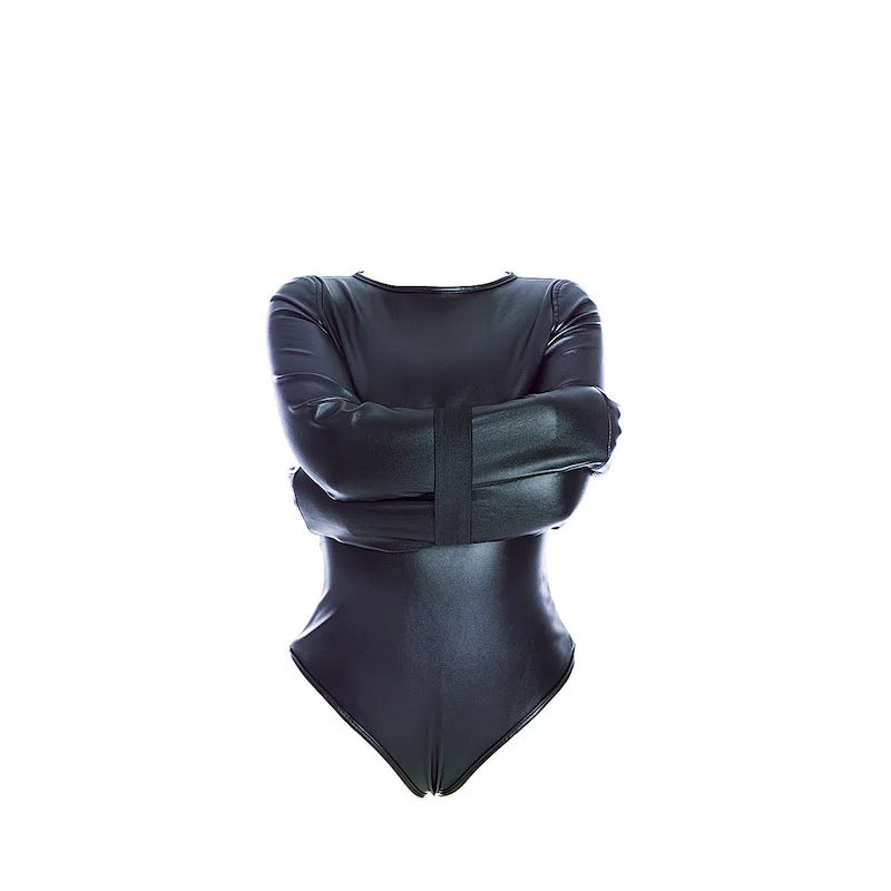 Leather Long Sleeve Bodysuit Straight Jacket with Crotch Strap,SM Game Bondage Armbinder Harness,Slave Role Costume BDSM Sex toy
