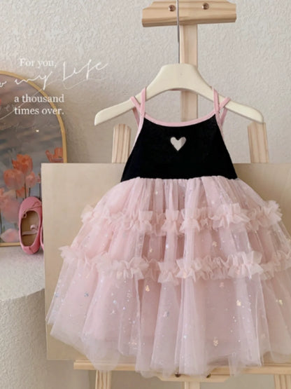 Girls 2024 Summer New Bow Dress Baby Girl Sleeveless Black Pink Princess Dress Toddler Girl Sweet Cute Clothes