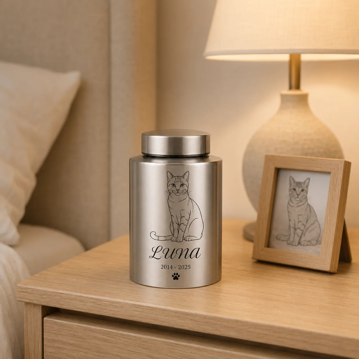 Personalized Pet Ash Urn with Photo Upload AI Minimalist Portrait Stainless Steel Memorial Cat Dog Bone Container with Custom Na