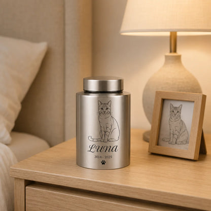 Personalized Pet Ash Urn with Photo Upload AI Minimalist Portrait Stainless Steel Memorial Cat Dog Bone Container with Custom Na
