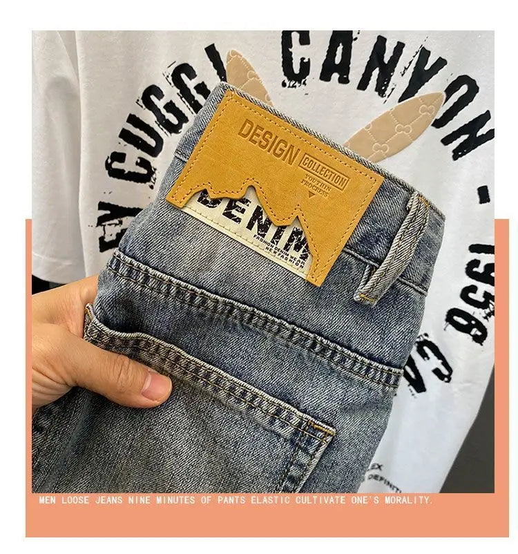 Summer Trendy Brand Handsome Denim Shorts Men's Washed Embroidered Patch Trendy Short Pants Ripped Slim-fit Elastic Middle Pants