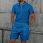 2026 Men Europe and the United States new summer Waffle solid color zip-up lapel short-sleeve suit shorts two sets