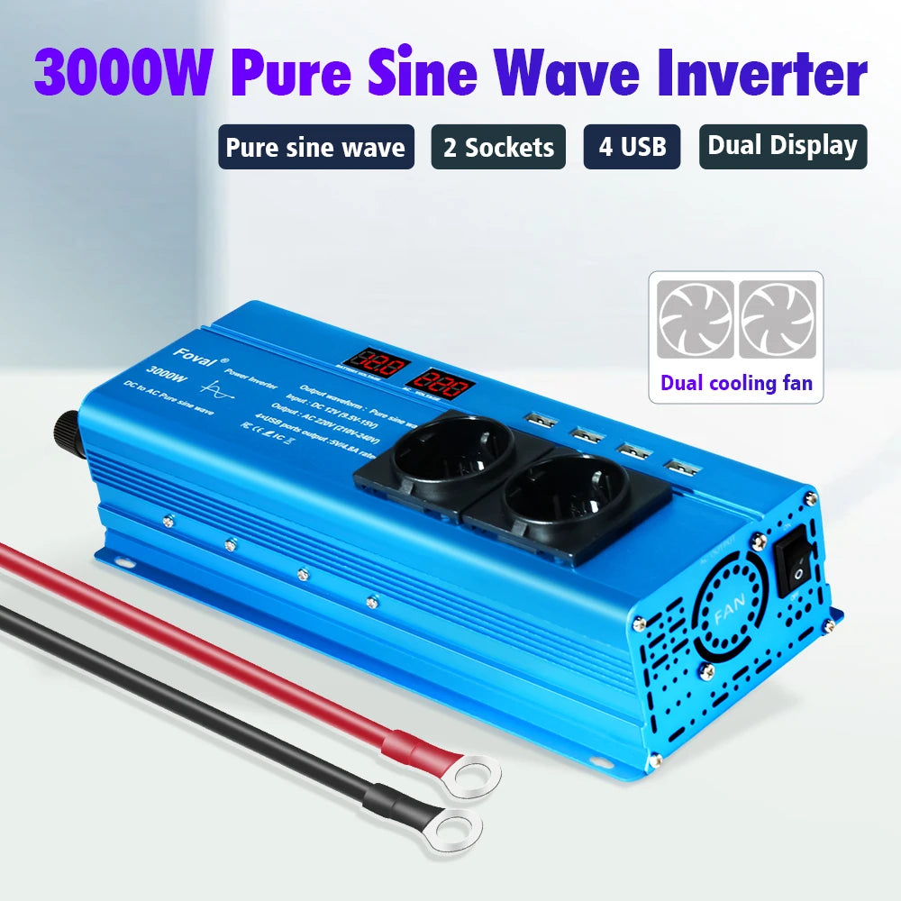 Pure Sine Wave Inverter DC 12V to AC 220V 230V 1500W/2200W/2600W/3000W Voltage Transfer Converter EU Socket Auto Accessories