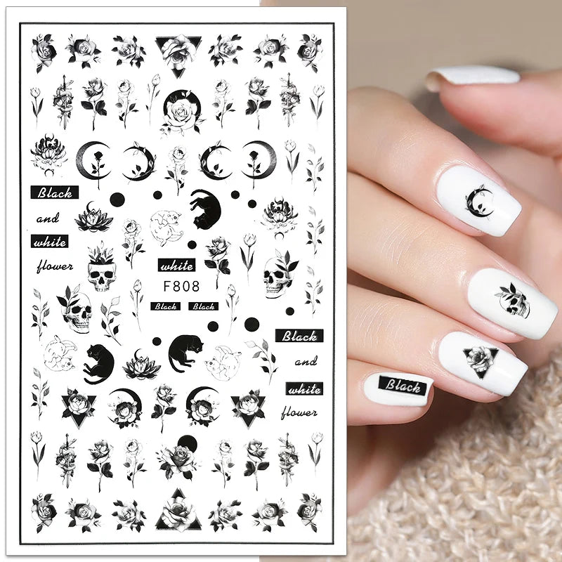 Black and White Love Flowers Line Art 3D Stickers Nail Decals Nail Art Accessories Butterfly Rose Nail Stickers Nail Sliders