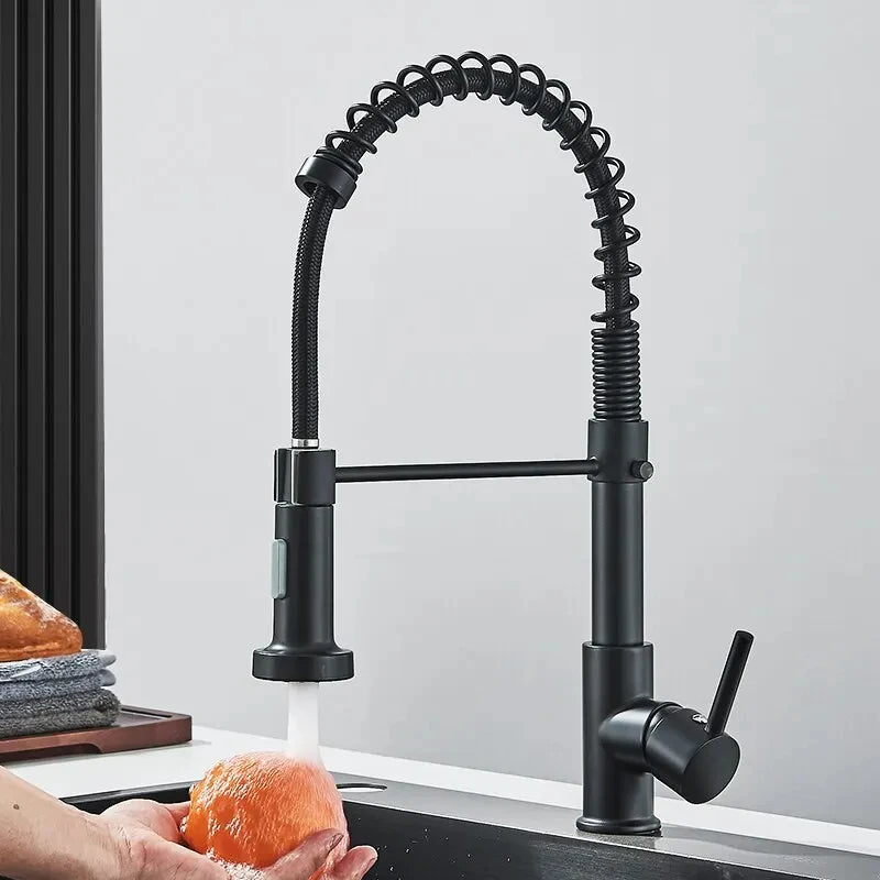 Kitchen Faucets Brush Brass Faucets for Kitchen Sink Single Lever Pull Out Spring Spout Mixers Tap Hot Cold Water Crane
