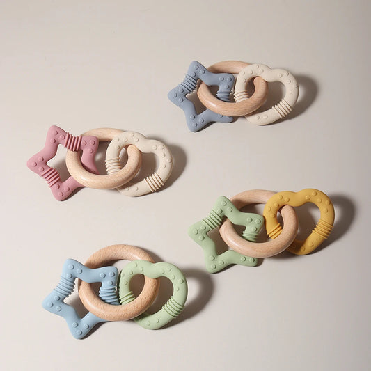Silicone Star and Heart Teether with Teething Wooden Ring Baby Rattle Toy