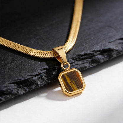 Vnox Geometric Square Natural Stone Pendant Necklace for Men, Gold Silver Color Stainless Steel Blade Chain, Trendy Jewelry Gift