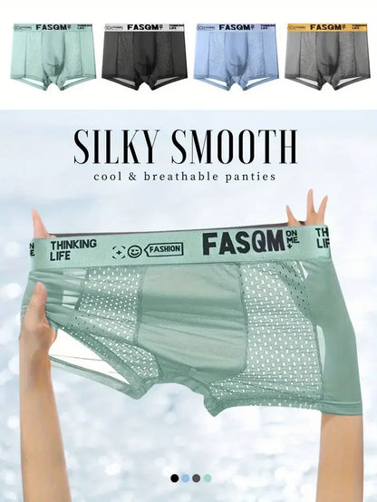 1pc Men's Ice Silk Cool Soft Comfy Boxers Briefs Men's Contrast Underwear, Mesh Breathable Comfy Stretchy Trunks