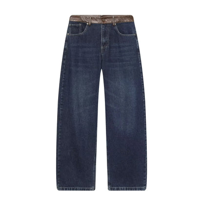 Female Vintage Leather Pocket Jeans Women Blue Zipper Straight Loose Trousers Lady New Fashion Daily Casual Spring Pants 2026