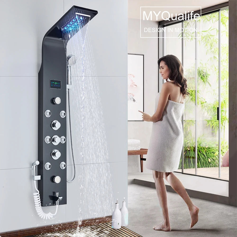 Black LED Light Shower Faucet Bathroom SPA Massage Jet Shower Column System Waterfall Rain Shower Panel Bidet Sprayer Tap