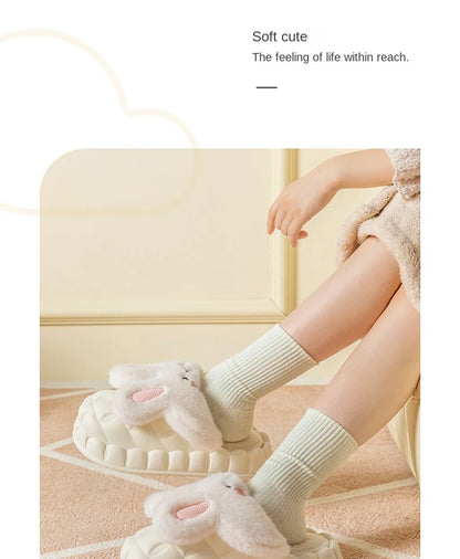 Mo Dou 2022 Winter Warm Women Slippers Waterproof Vamp Cute Rabbit Bear Decoration Indoor Outdoor Shoes Soft Plush Men Slippers