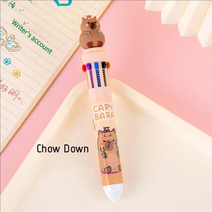 10-Color Kawaii Capybara Multifunctional Gel Pen 0.5mm Fine Tip Cute Cartoon Brown Pen for Office School Student Stationery