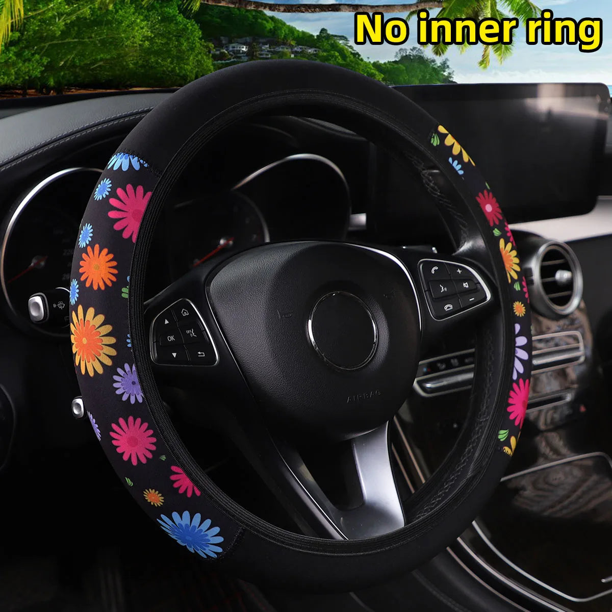 Women's 38CM Steering Wheel Cover Cherry Blossom  Chrysanthemum Check Spider Web Design Printed Car Accessory without Inner Ring