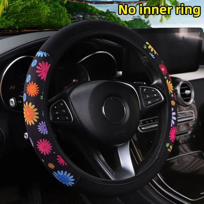 Women's 38CM Steering Wheel Cover Cherry Blossom  Chrysanthemum Check Spider Web Design Printed Car Accessory without Inner Ring